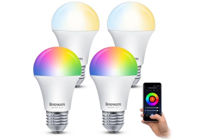 linovum LED-Leuchtmittel 4er Set LED E27 Smart Lampe steuerbar via App Alexa Google RGB, E27, RGB von linovum