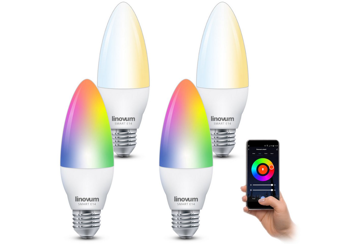 linovum LED-Leuchtmittel 4x E14 LED Lampe Smart steuerbar via App & Sprache Alexa Google RGBW, E14, RGB von linovum