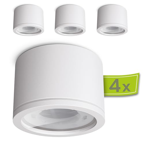 linovum NUHA 4er Pack Aufbauleuchte IP44 weiß rund 230V mit Fassung für GX53-4x flache Badezimmer Spots Decke Ø 90 mm rostfrei von linovum