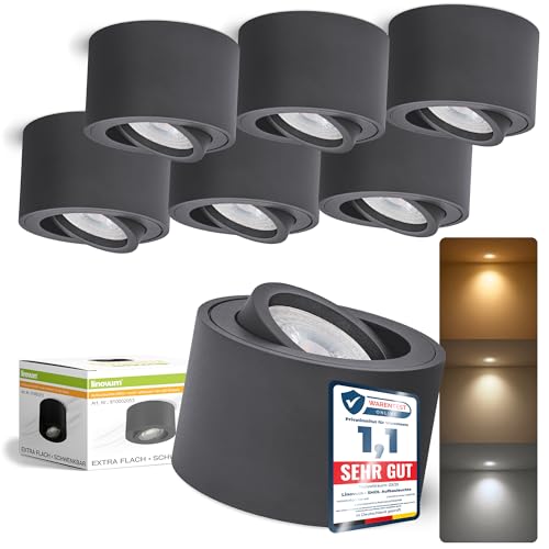 linovum SMOL Aufbaustrahler anthrazit schwenkbar flach mit lumiFLEX LED Licht warmweiß/neutralweiß/kaltweiß - 6x Aufbau Spot 230V 4W von linovum