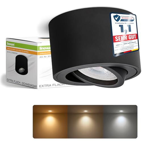 linovum SMOL Aufbaustrahler schwarz flach schwenkbar Ø80x50mm mit LED Modul 4W lumiFLEX 3 Weißtöne - Aluminium Deckenleuchte 230V von linovum