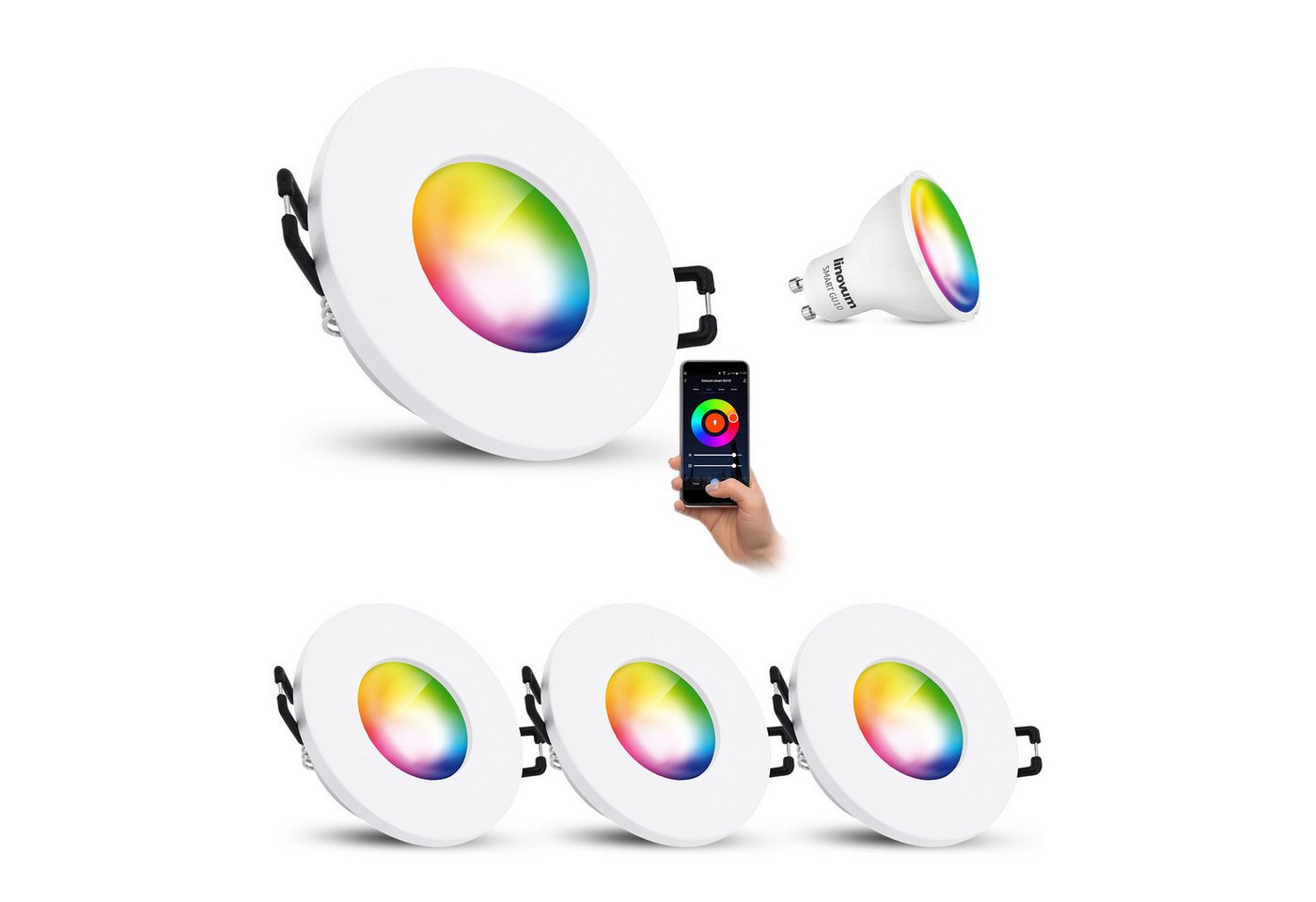 linovum Smarte LED-Leuchte ISAWO 4 Stück Einbau Deckenstrahler IP65 weiß smart GU10 4W, RGB linovum Smarte LED-Leuchte ISAWO 4 Stück Einbau Deckenstrahler IP65 weiß smart GU10 4W, RGB von linovum