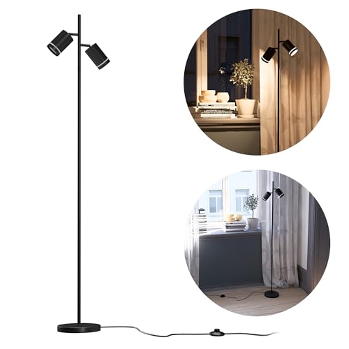 linovum TAVIRA Stehlampe Wohnzimmer Deckenfluter Leselampe schwarz 2-flammig - Standleuchte modern mit schwenkbaren Köpfen, Fußschalter und 2x GU10 Fassungen von linovum