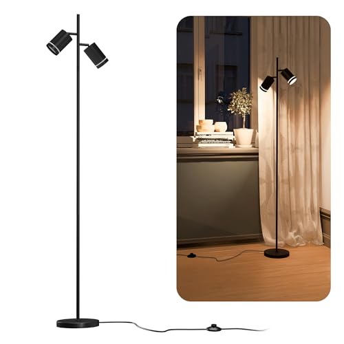 linovum TAVIRA Stehlampe schwarz 2-flammig - Standleuchte modern mit schwenkbaren Köpfen & Fußschalter mit GU10 LEDs warmweiß 2W von linovum