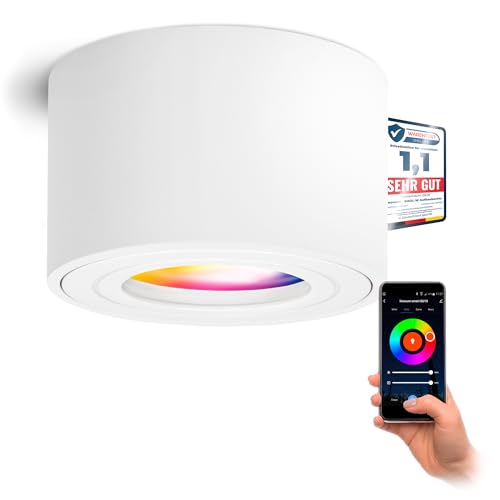 linovum smarte Aufbauleuchte SMOL-W flach IP44 in matt weiß & rund - Smarthome Aufbauspot Aufputz Ø 80 mm RGB + CCT von linovum