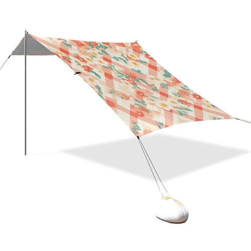 Blumen Rosa Weiß Gitter Stabiles Strandzelt UPF50 Leichter Outdoor-Sonnenschutz mit Sandsäcken und Schaufel für Hinterhof, Grasland, Park von linqin