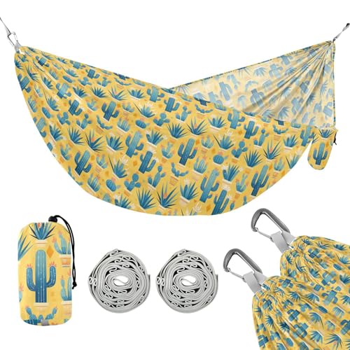 Deep Blue Cacti Yellow Camping Hängematte mit Seil zum Aufhängen, tragbare Hängematte für draußen, Strand, Terrasse, Garten von linqin