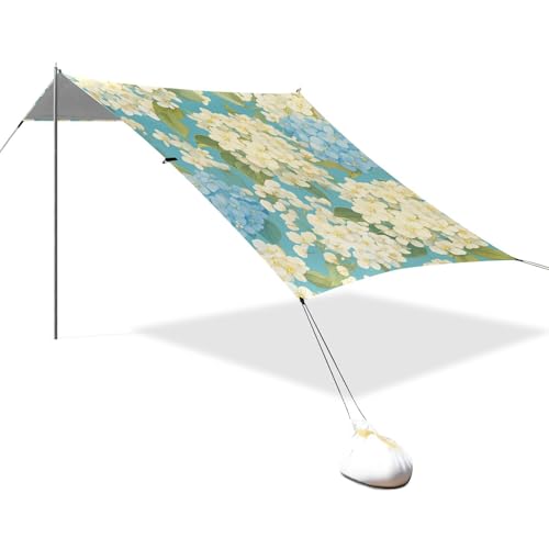 Großes Strandzelt mit blauen und weißen Blumen, LSF 50+, leichter Sonnenschutz mit Sandsäcken und Schaufel für Garten und Camping von linqin