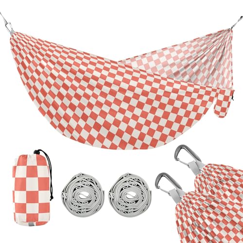 Light Coral Schachbrett Camping Hängematte mit Baumgurten Seil Hängematten für draußen für draußen Camping Essentials von linqin