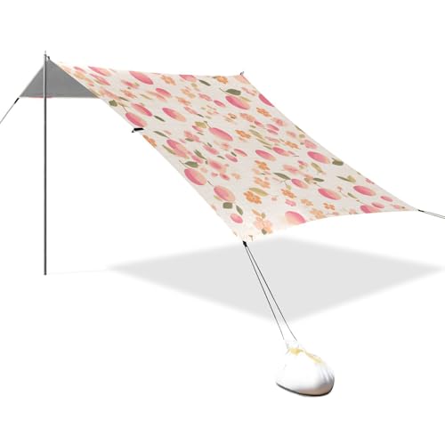 Pfirsichblüten Gingham Faltbares Strandüberdachung UPF50+ Schutz Leichter großer Sonnenschutz mit Sandsäcken & Sandschaufel für Familienausflüge, Picknicks & Camping von linqin