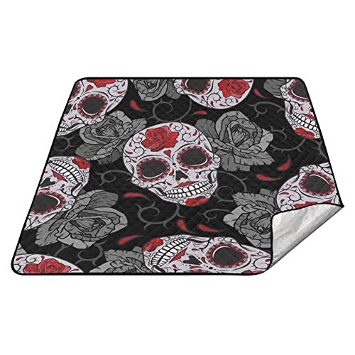 Sanddichte Campingdecke Rasendecke mit Stauraum für Picknick Gothic Totenkopf Rosen von linqin
