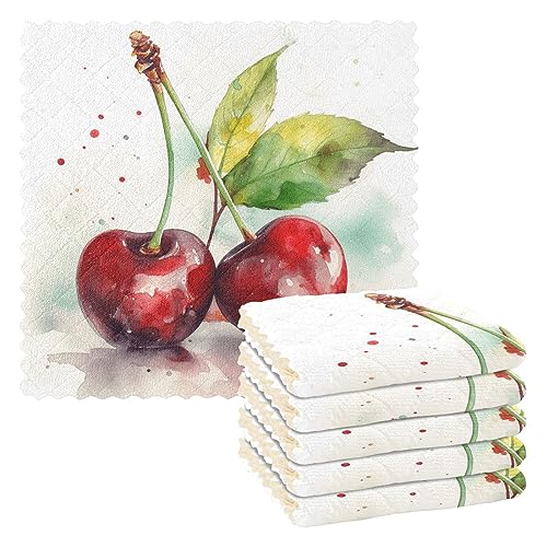 linqin Aquarell Kirschen Set mit 6 schnell trocknenden Küchen-Mikrofaser-Handtüchern, dekorative Qualität, Auto-Trockentücher, wiederverwendbar für Restaurant-Tisch von linqin