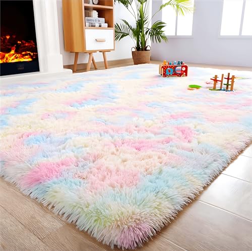 linyingdian Hochflor Teppich wohnzimmerteppich Langflor - Teppiche für Wohnzimmer flauschig Shaggy Schlafzimmer Bettvorleger Outdoor Carpet. (Regenbogenfarben, 160x230cm) von linyingdian