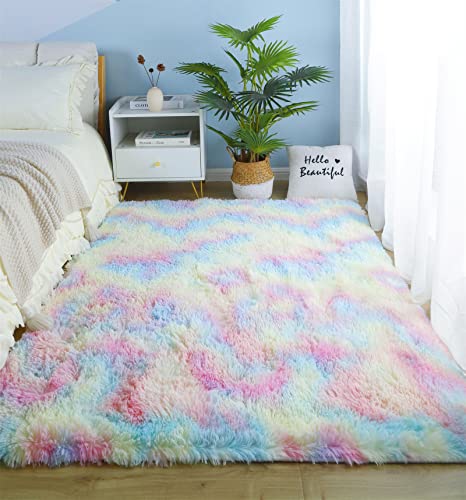 linyingdian Hochflor Teppich wohnzimmerteppich Langflor - Teppiche für Wohnzimmer flauschig Shaggy Schlafzimmer Bettvorleger Outdoor Carpet. (Regenbogenfarben, 80X120cm) von linyingdian