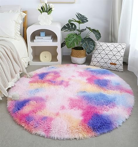 linyingdian Luxus-Teppich rundes Wohnzimmer superweicher, Flauschiger Teppich, weicher Bereichsteppich, Schlafzimmerteppich, superweiche, Flauschige Kindermatte (Ø120cm Rund, Pink Lila) von linyingdian