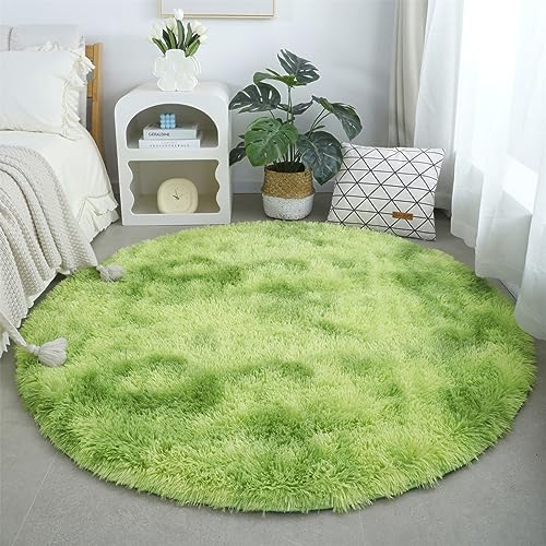 linyingdian Luxus-Teppich rundes Wohnzimmer superweicher, Flauschiger Teppich, weicher Bereichsteppich, Schlafzimmerteppich, superweiche, Flauschige Kindermatte (Ø120cm Rund, grün) von linyingdian