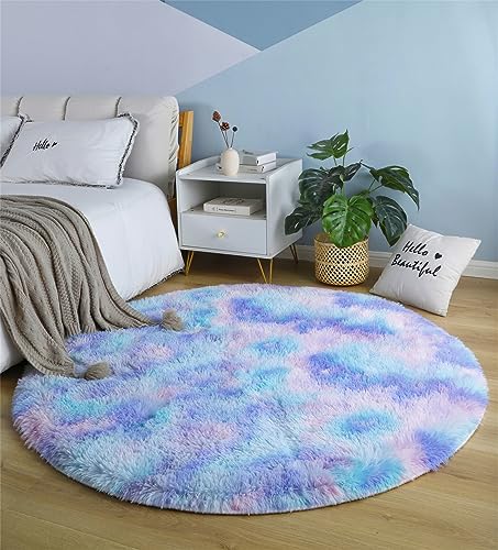 linyingdian Luxus-Teppich rundes Wohnzimmer superweicher, Flauschiger Teppich, weicher Bereichsteppich, Schlafzimmerteppich, superweiche, Flauschige Kindermatte (Ø120cm Rund, Blau Lila) von linyingdian