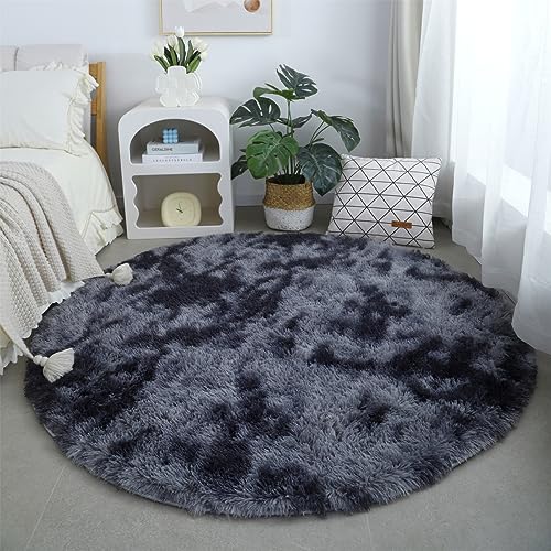 linyingdian Luxus-Teppich rundes Wohnzimmer superweicher, Flauschiger Teppich, weicher Bereichsteppich, Schlafzimmerteppich, superweiche, Flauschige Kindermatte (Ø120cm Rund, dunkelgrau) von linyingdian