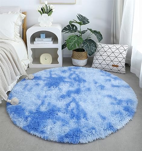 linyingdian Luxus-Teppich rundes Wohnzimmer superweicher, Flauschiger Teppich, weicher Bereichsteppich, Schlafzimmerteppich, superweiche, Flauschige Kindermatte (Ø160cm Rund, blau) von linyingdian