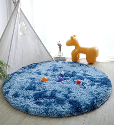 linyingdian Teppich langfloriger weicher Samt-Batikboden runder Teppich für Wohnzimmer, Kinderzimmer, Schlafzimmer und Küche (blau, 120x120cm) von linyingdian
