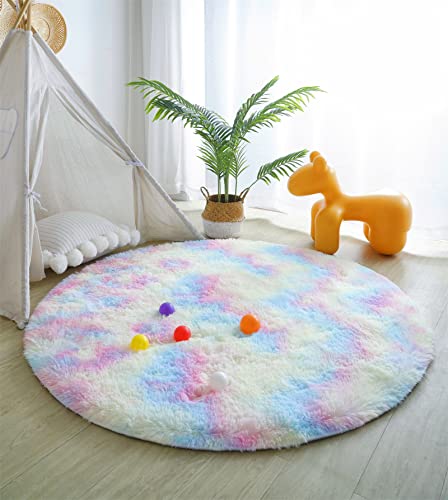 linyingdian Teppich langfloriger weicher Samt-Batikboden runder Teppich für Wohnzimmer, Kinderzimmer, Schlafzimmer und Küche (Regenbogenfarben, 120x120cm) von linyingdian