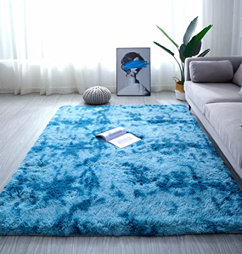 linyingdian Teppich Wohnzimmer Shaggy Teppich Hochflor Teppich Grau Langflor Teppich Kinderzimmer Modern Bunte Batik Teppich Jugendzimmer Flauschiger Teppich (Blau, 120x200cm) von linyingdian