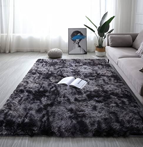 linyingdian Teppich Wohnzimmer Shaggy Teppich Hochflor Teppich Grau Langflor Teppich Kinderzimmer Modern Bunte Batik Teppich Jugendzimmer Flauschiger Teppich (Dunkelgrau, 100x200cm) von linyingdian