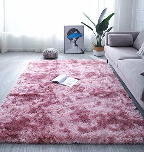 linyingdian Teppich Wohnzimmer Shaggy Teppich Hochflor Teppich Grau Langflor Teppich Kinderzimmer Modern Bunte Batik Teppich Jugendzimmer Flauschiger Teppich (Lila Rose, 100x200cm) von linyingdian