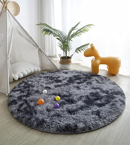 linyingdian Teppich langfloriger weicher Samt-Batikboden runder Teppich für Wohnzimmer, Kinderzimmer, Schlafzimmer und Küche (Dunkelgrau, 120x120cm) von linyingdian