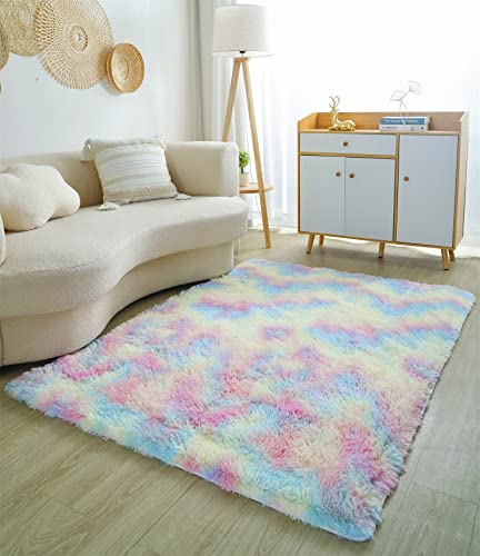 linyingdian waschbarer Teppich Wohnzimmer Schlafzimmer Langhaarteppich Rutschfester Flauschiger weicher moderner bunter Batikteppich (120 x 160 cm, Regenbogen) von linyingdian
