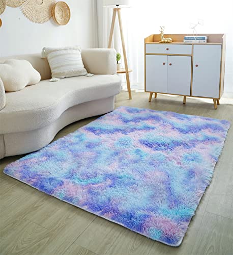 linyingdian waschbarer Teppich Wohnzimmer Schlafzimmer Langhaarteppich Rutschfester Flauschiger weicher moderner bunter Batikteppich (160 x 200 cm, Coole Farbe) von linyingdian