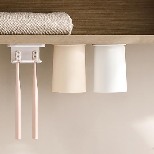 lioewhu Magnetischer Zahnputzbecher, 2 Stück Mundspülbecher + Zahnbürstenhalter mit 2 Haken, Mundspülbecher Set ohne Bohren, Zahnputzbecher für Badezimmer - Weiß + Khaki von lioewhu