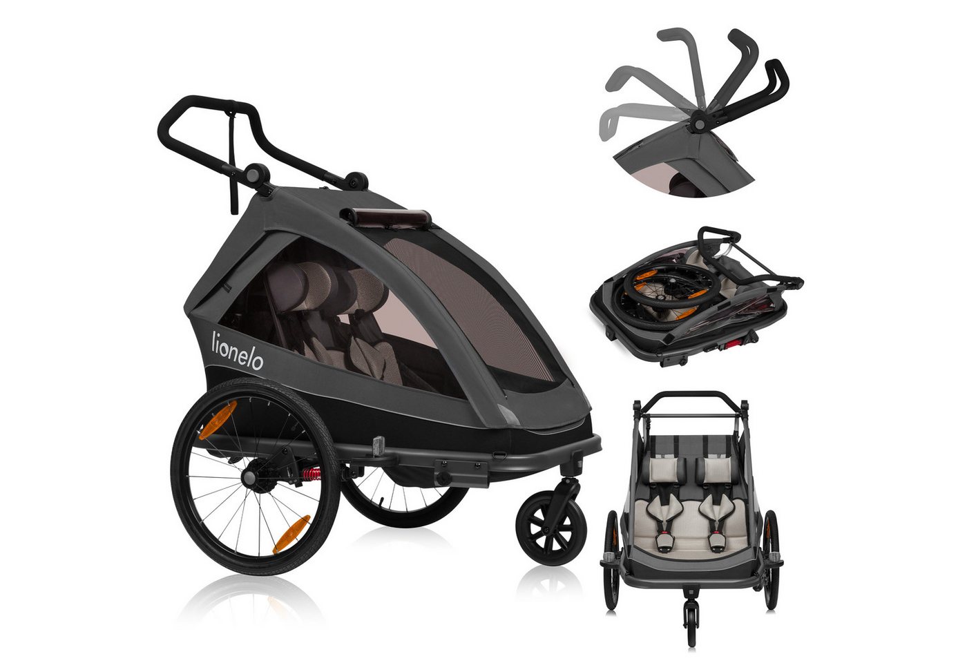 lionelo Fahrradkinderanhänger CAMA, 2in1 / SIQ / All-round-safety/ Head+/UPF 50+/60l Kofferraum von lionelo