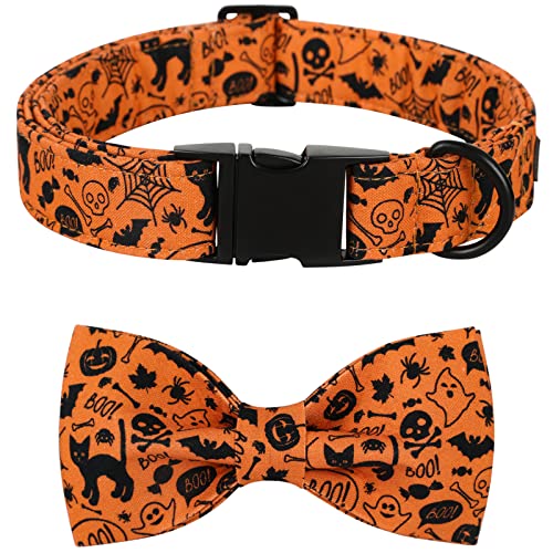 Lionet Paws Halloween Hundehalsband mit Fliege, Langlebiges Bequemes Baumwolle Halsband mit Metall-Klickverschluss für Hunde, Hals 40-66cm von lionet paws