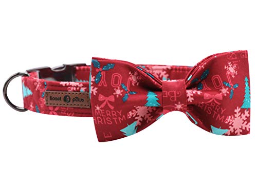 Lionet Paws Weihnachten Hundehalsband mit Fliege, Langlebiges Bequemes Baumwolle Halsband mit Metall Steckverschluss für Hunde, Hals 34-55cm von lionet paws