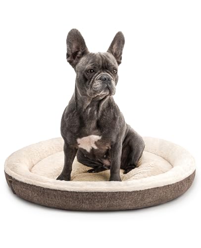 lionto Hundekörbchen rund in Donut-Form, Ø 65 cm, Heimtierkissen für Hunde & Katzen mit waschbarem Bezug & Anti-Rutsch-Noppen, kuscheliges Hundebett aus Oxford-Leinen & Plüsch, braun von lionto