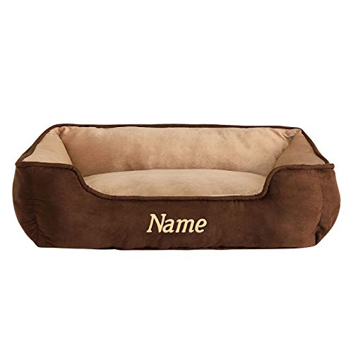 lionto Hundebett 2-in-1 mit komfortablem Einstieg, kuscheliges Heimtierbett zum Wenden für Hunde und Katzen, 110x80 cm, Hundekissen in pflegeleichter Wildlederoptik, braun/beige (Namensaufdruck) von lionto