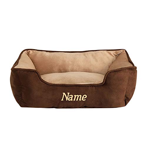 lionto Hundebett 2-in-1 mit komfortablem Einstieg, kuscheliges Heimtierbett zum Wenden für Hunde und Katzen, 60x50 cm, Hundekissen in pflegeleichter Wildlederoptik, braun/beige (Namensaufdruck) von lionto