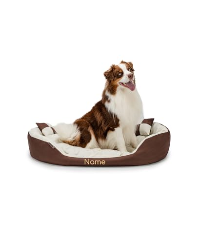 lionto Hundebett 4-in-1 mit Wendekissen aus robustem Oxford, 110x80 cm, Heimtierkissen Kratzfest mit tiefem Einstieg für Katzen und Hunde Aller Größen, wasserabweisend, braun/beige (Namensaufdruck) von lionto