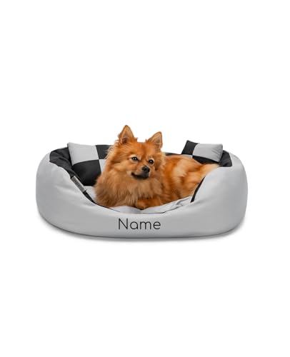 lionto Hundebett 4-in-1 mit Wendekissen aus robustem Oxford, 65x50 cm, Heimtierkissen Kratzfest mit tiefem Einstieg für Katzen und Hunde Aller Größen, wasserabweisend, grau/schwarz (Namensaufdruck) von lionto