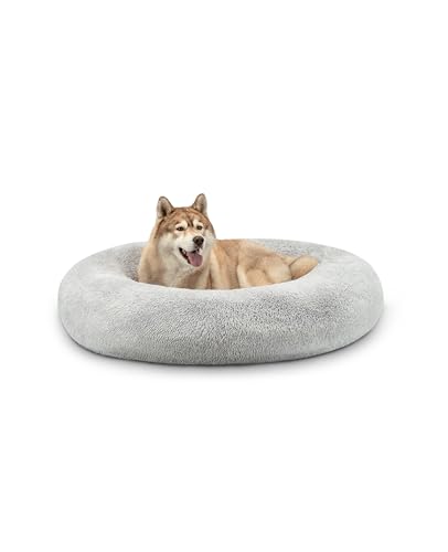 lionto Donutbett für Hunde und Katzen, Flauschiges Hundebett rund für kleine und große Heimtiere, Ø 120 cm, weiches Katzenbett aus kuscheligem Plüsch, Hundekissen mit extra Dicker Füllung, dunkelgrau von lionto