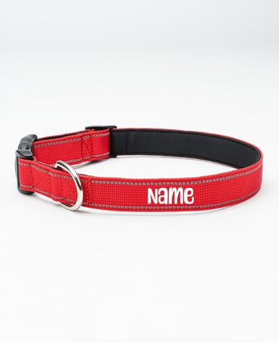 lionto Hundehalsband personalisiert aus strapazierfähigem Nylon, Größe M, reflektierendes Halsband für Hunde mit Name oder Telefonnummer, Metallring & stufenloser Schieber, rot (Wunschaufdruck) von lionto