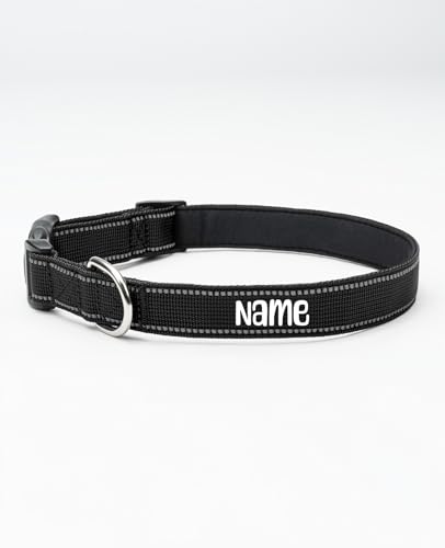 lionto Hundehalsband personalisiert aus strapazierfähigem Nylon, Größe M, reflektierendes Halsband für Hunde mit Name oder Telefonnummer, Metallring & stufenloser Schieber, schwarz (Wunschaufdruck) von lionto