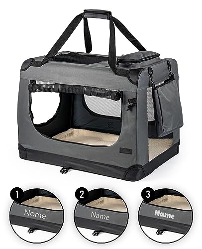 lionto Hundetransportbox faltbar für Reise & Auto, 70x52x50 cm, stabile Transportbox mit Tragegriffen & Decke für Katzen & Hunde bis 15 kg, Hundebox aus Stoff für klein & groß, grau (Namensaufdruck) von lionto