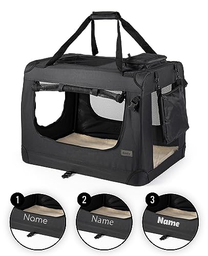 lionto Hundetransportbox faltbar für Reise & Auto, 60x42x44 cm, stabile Transportbox mit Griffen & Decke für Katzen & Hunde bis 12 kg, Hundebox aus Stoff für klein & groß, schwarz (Namensaufdruck) von lionto