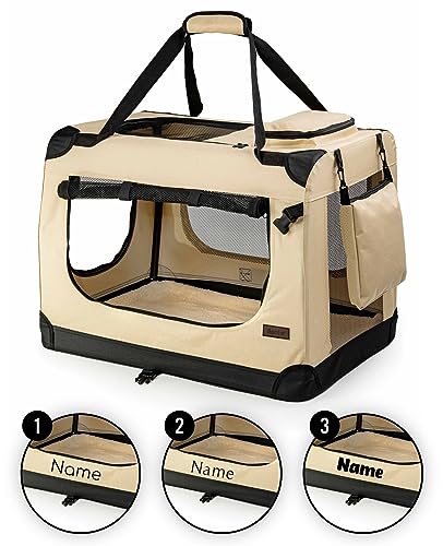 lionto Hundetransportbox faltbar für Reise & Auto, 50x34x36 cm, stabile Transportbox mit Tragegriffen & Decke für Katzen & Hunde bis 10 kg, Hundebox aus Stoff für klein & groß, beige (Namensaufdruck) von lionto