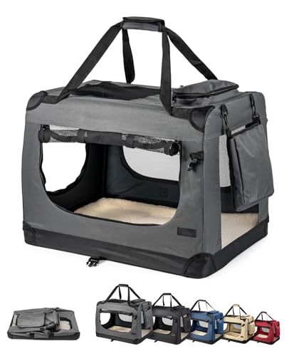 lionto Hundetransportbox faltbar für Reise & Auto, 82x58x58 cm, stabile Transportbox mit Tragegriffen & Decke für Katzen & Hunde bis 18 kg, robuste Hundebox aus Stoff für klein & groß, grau von lionto