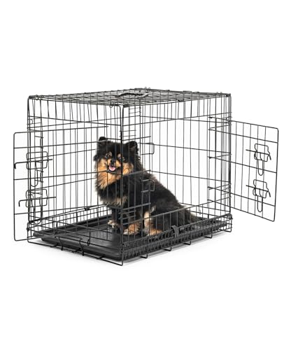 lionto Tiertransportbox für Hunde und Katzen, vielseitiger Transportkäfig mit hygienischer Kunststoffwanne, 61x44x51 cm, Hundebox aus Metall mit stabilen Sicherheitsverschlüssen & Trennwand, schwarz von lionto