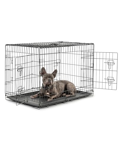 lionto Tiertransportbox für Hunde und Katzen, vielseitiger Transportkäfig mit hygienischer Kunststoffwanne, 92x58x64 cm, Hundebox aus Metall mit stabilen Sicherheitsverschlüssen & Trennwand, schwarz von lionto