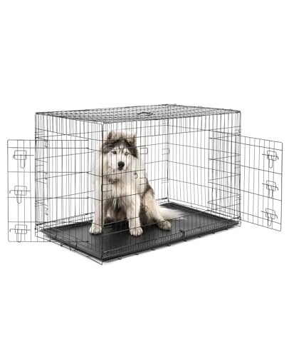 lionto Tiertransportbox für Hunde und Katzen, vielseitiger Transportkäfig mit hygienischer Kunststoffwanne, 122x75x81 cm, Hundebox aus Metall mit stabilen Sicherheitsverschlüssen & Trennwand, schwarz lionto Tiertransportbox für Hunde und Katzen, vielseitiger Transportkäfig mit hygienischer Kunststoffwanne, 122x75x81 cm, Hundebox aus Metall mit stabilen Sicherheitsverschlüssen & Trennwand, schwarz von lionto